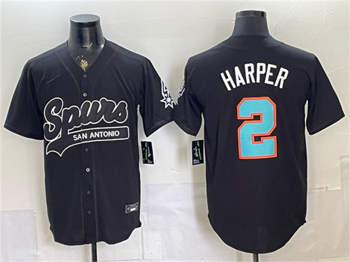 Men's San Antonio Spurs #2 Dylan Harper Black Stitched Baseball Jersey Men's San Antonio Spurs #2 Dylan Harper Black Stitched Baseball Jersey
